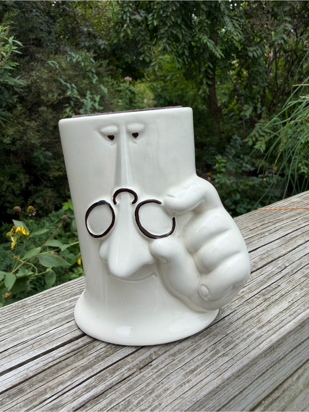 Fitz And Floyd Lined Pencil Cup Man With Glasses Preowned 5 2/8” Ht Ceramic